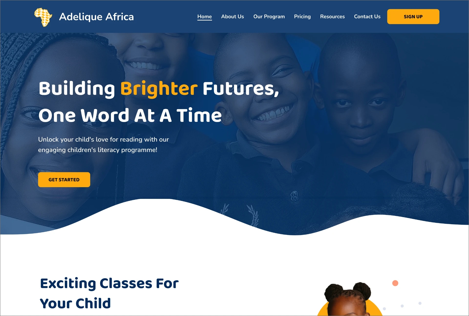 Adelique Africa desktop homepage